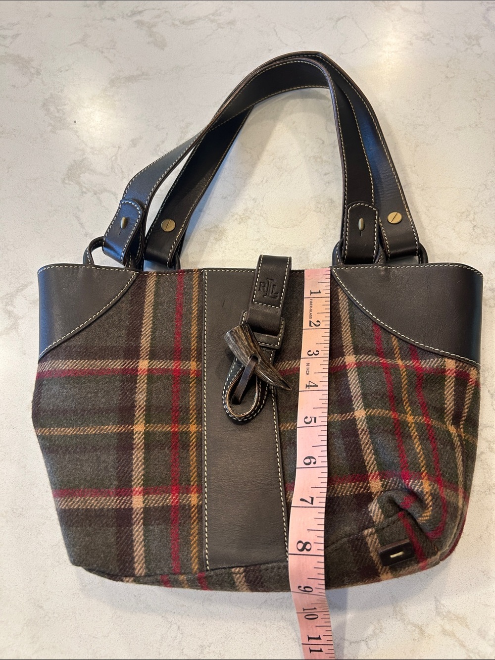 VTG Lauren Ralph Lauren Plaid Hobo Dark Brown Leather Trim Equestrian Preppy Y2K - Picture 10 of 13